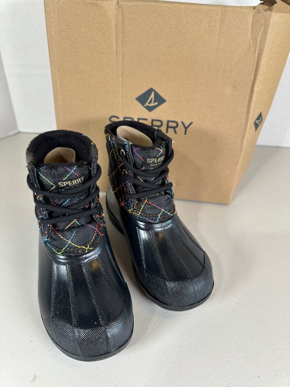 Sperry Black Kids Quilted Duck Boots with Multicolor Stitching. Brand new